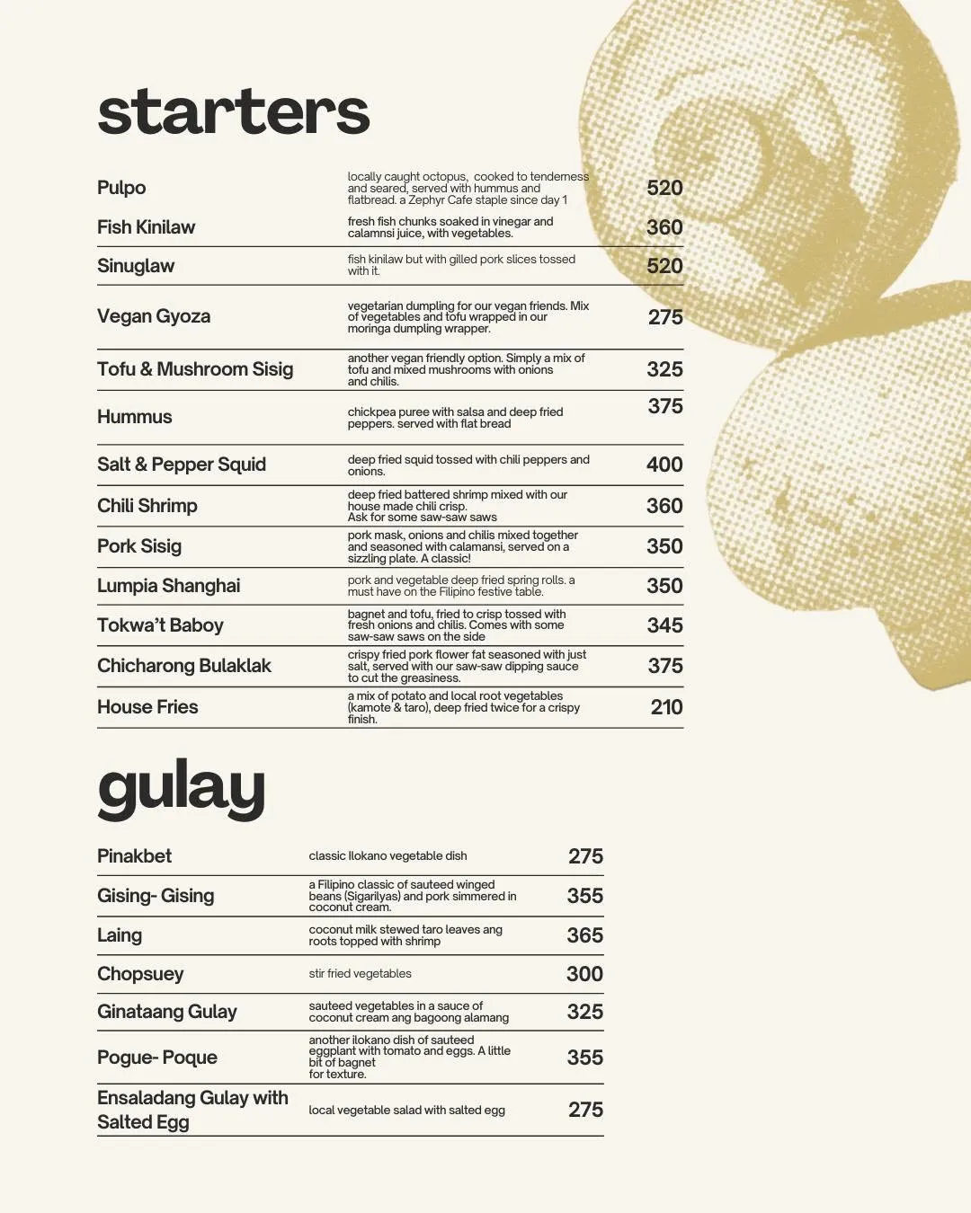 Zephyr Cafe menu